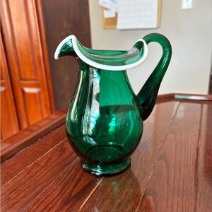 Vintage Fenton Glass Emerald Green Snow Crested with Reed Handle
